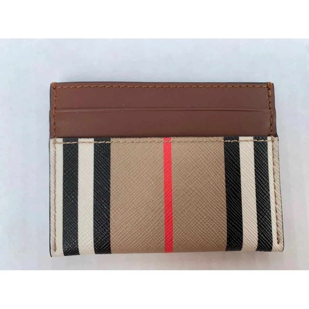 Burberry Taupe Brown Icon Stripe Leather Check  Card Holder